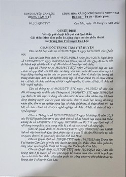 Quyết định về việc phê duyệt kết quả chỉ định thầu. Gói thầu: Mua sắm quần áo, săng phục vụ cho phẩu thuật tại Trung tâm Y tế huyện Can Lộc