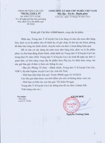 Đề nghị gửi thư báo giá hàng hóa, dịch vụ in ấn phẩm quý IV/2024