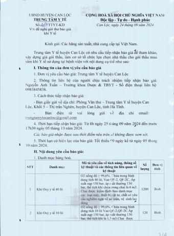 Đề nghị thư báo giá khí Y tế
