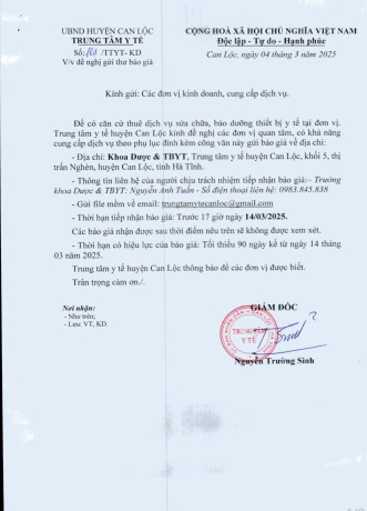 Đề nghị gửi thư báo giá thiết bị y tế