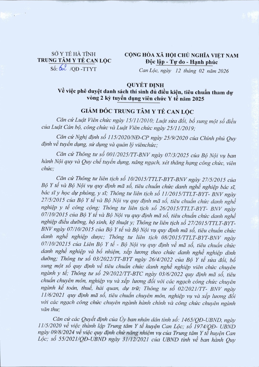 62 quyet dinh ve viec phe duyet danh sach thi sinh du dieu kien tieu chuan tham du tuyen vien chuc hình ảnh 0